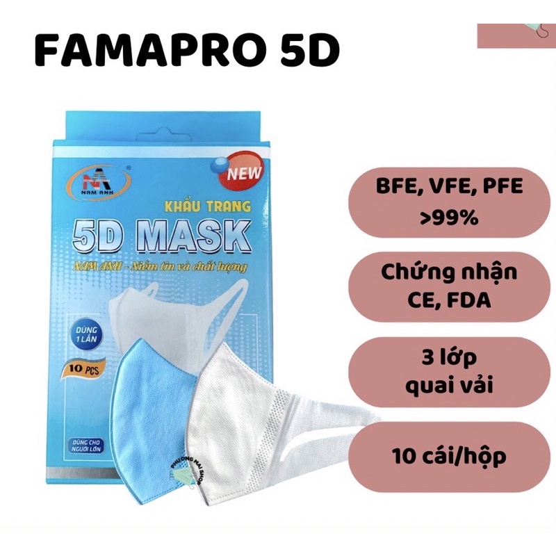 hộp 10 cái khẩu trang 5d mask quai vải Famapro/khẩu trang 5d mask Nam Anho