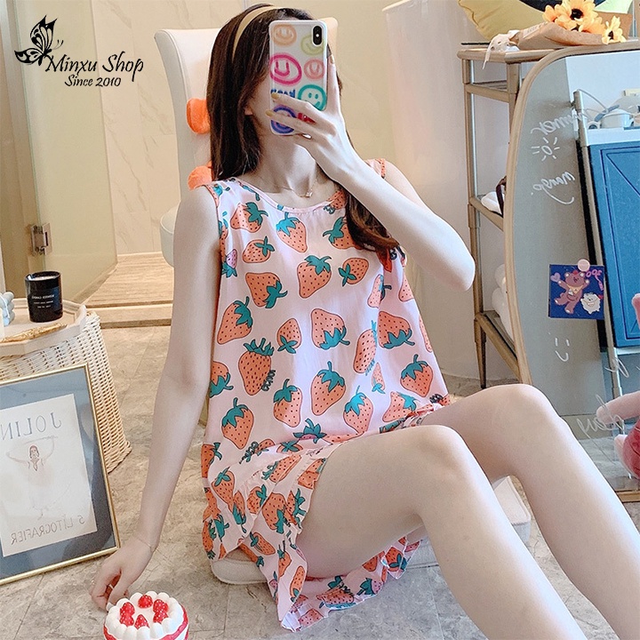 Bộ Ngủ Mặc Nhà Bộ Sát Nách - Vải Lanh Mát Lịm - Thiết Kế Viền ÁO Cách Điệu, Cá Tính Minxu shop Mã DV