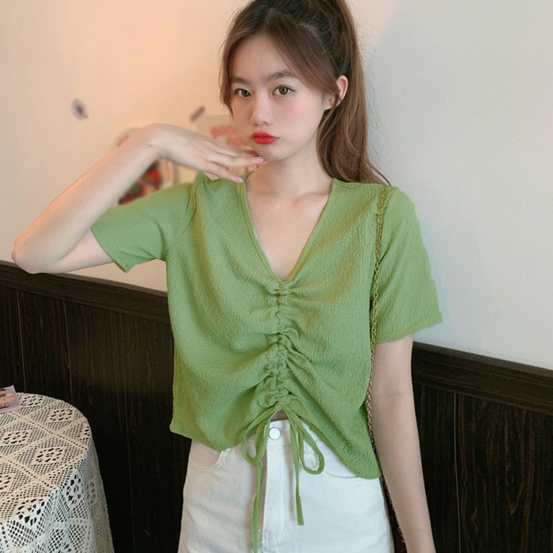 Áo Kiểu Tay Ngắn Phối Dây Rút Thiết Kế Cổ Chữ V Nữ Tính