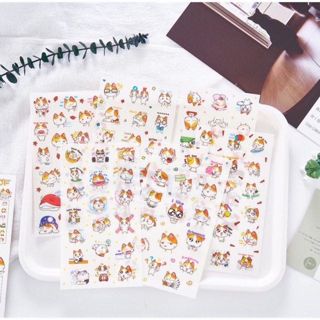 Sticker Set 6 Tấm Mèo Dễ Thương Mèo May Mắn