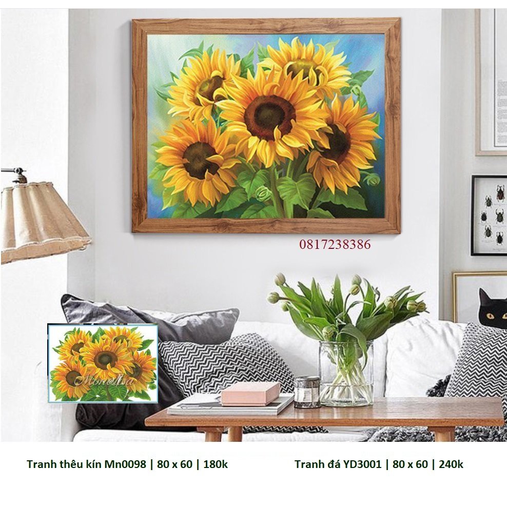 Tranh thêu chữ thập  Hoa Hướng Dương  MN0098 ,Thêu DX1176 65x50 cm, tranh đá YD3001