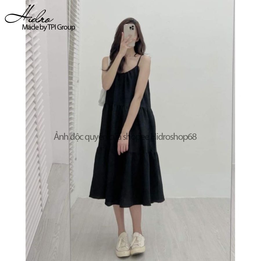 Váy đầm hai dây maxi xòe tầng đi biển dáng babydoll rộng chất đũi mềm mát