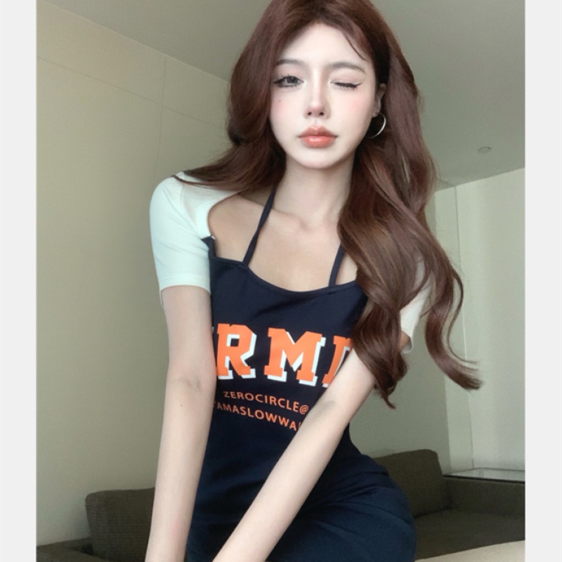 Đầm Tay Ngắn Dáng Ôm Màu Sắc Tương Phản Thời Trang Cho Nữ