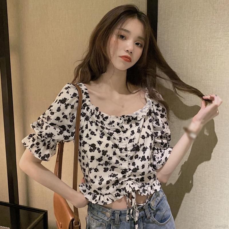Áo croptop tay ngắn dáng ôm phối dây rút họa tiết hoa phong cách Pháp thời trang cho nữ