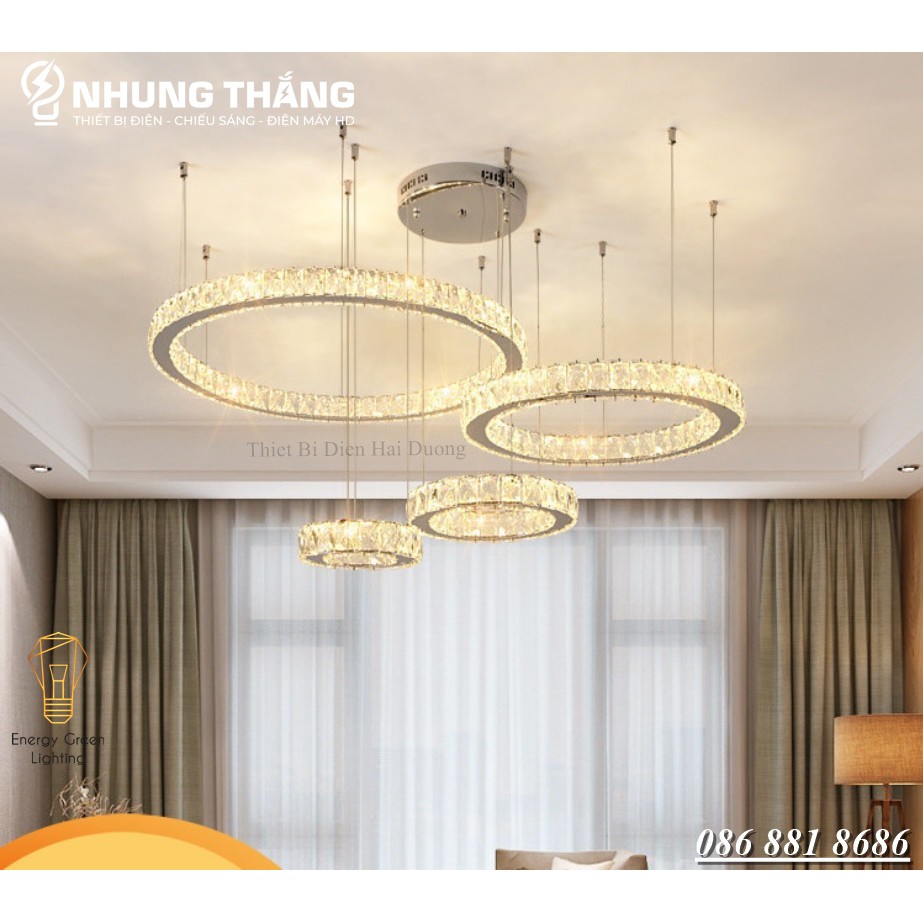 Đèn Thả Trần 4 Vòng Pha Lê CD-110 - Decor Vintage Kiểu Dáng Hiện Đại - 3 Chế Độ Ánh Sáng - Tăng Giảm Ánh Sáng- Có Remote