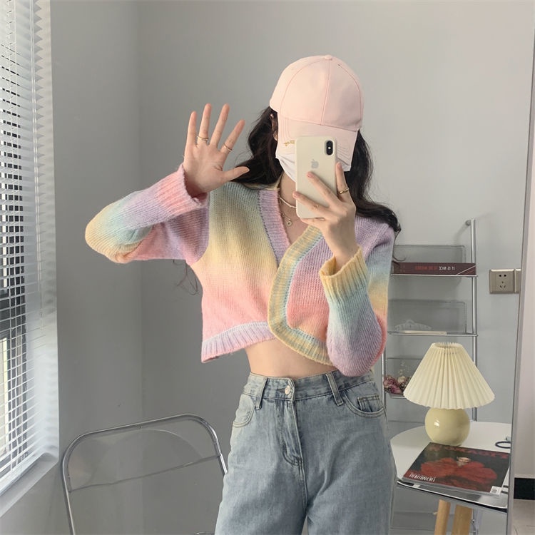 Áo Khoác Cardigan Dệt Kim Tay Dài Dáng Rộng Màu Nhuộm Phong Cách Hàn Quốc Thời Trang Thu Đông Cho Nữ