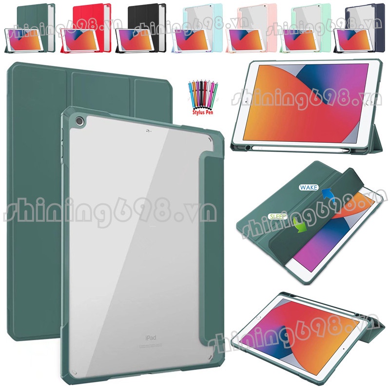 For iPad mini 6 Air 4 iPad Pro 11 10.9 12.9 2018 7th/8th/9th generation 10.2 2019/2020/2021 With Pen Holder Auto Wake-up Sleep Case Transparent Back Ultra-thin Foldable Stand Flip Cover