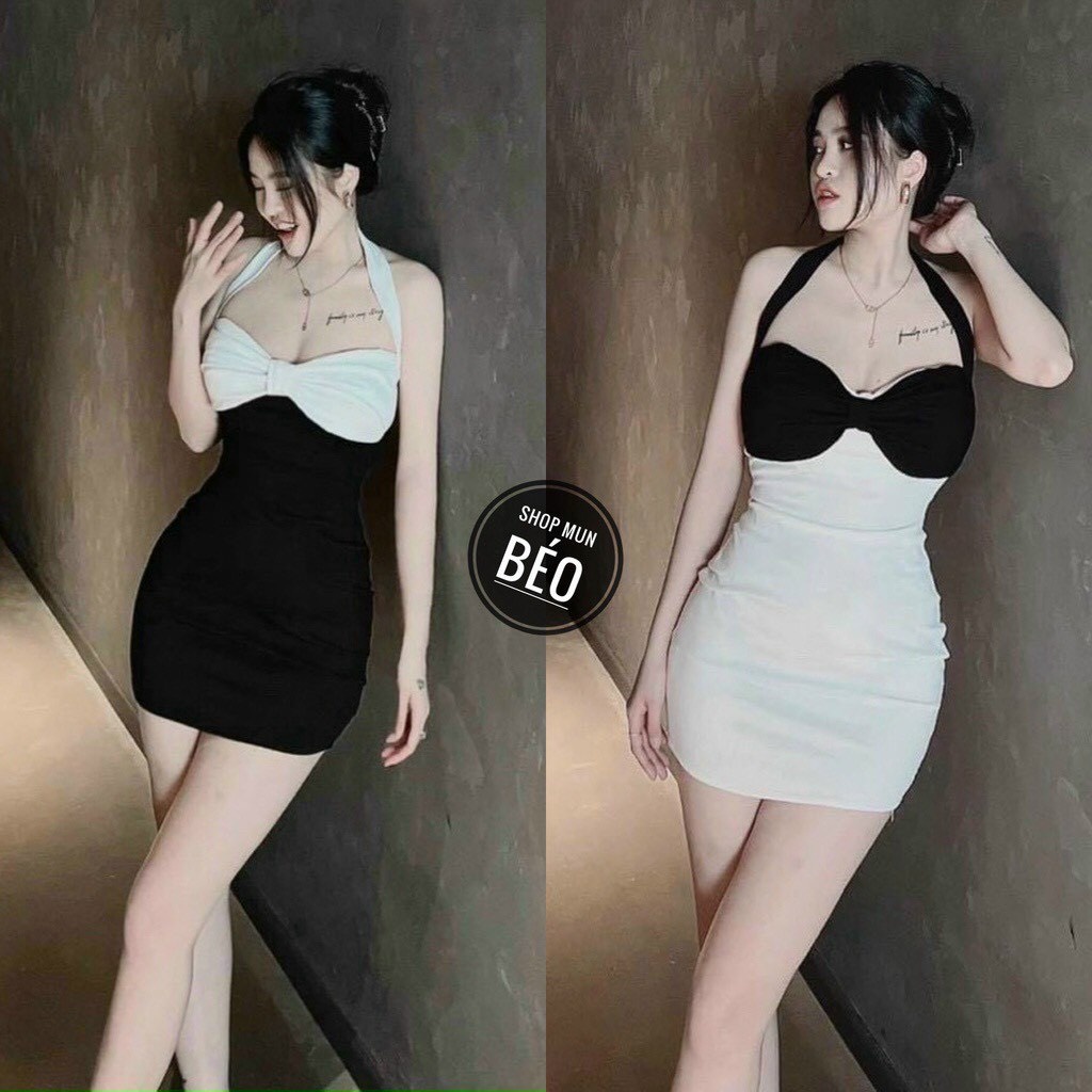 Đầm nữ dáng ôm body ngắn phối màu nơ ngực kiểu cổ dây yếm hot