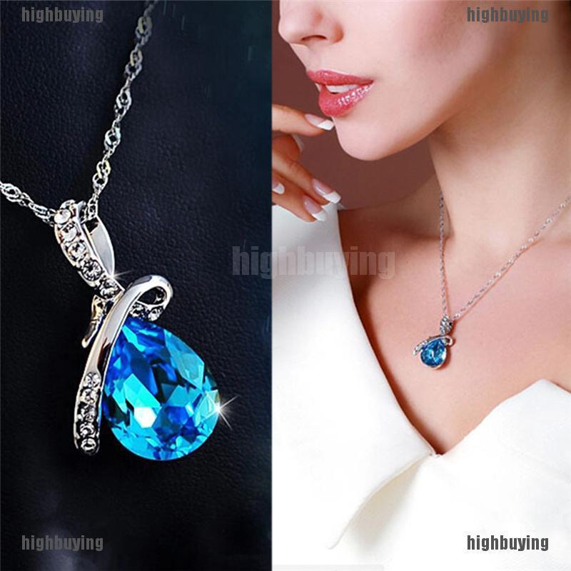 Vòng cổ Mạ Bạc Mặt Đá Pha Lê Xanh Hình Giọt Nước