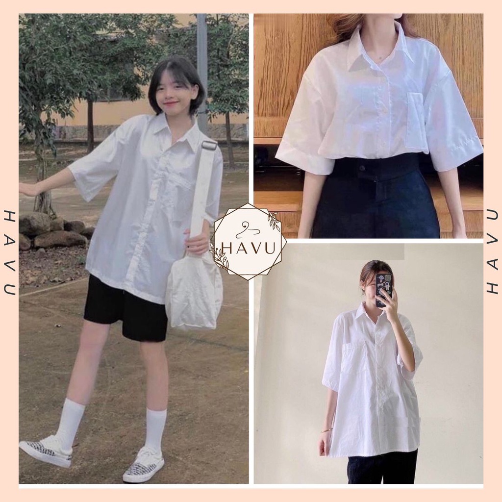 Áo sơ mi tay lỡ unisex - Áo trơn cộc tay cài khuy form rộng, dáng suông, thiết kế đơn giản