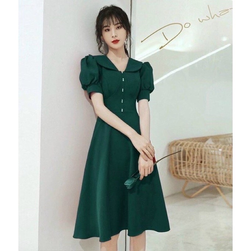 Đầm xanh rêu đính nút kèm hình thật siêu sang
