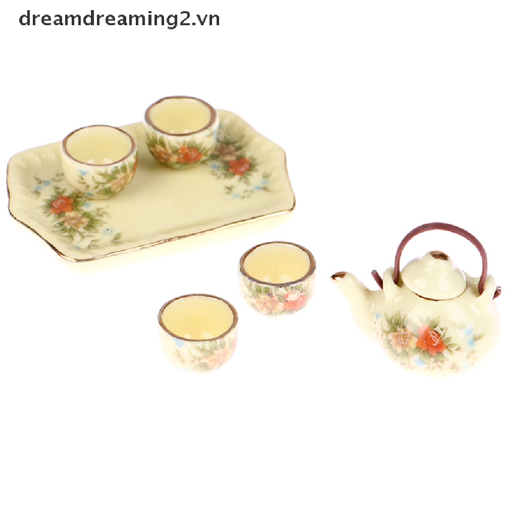 Bộ ấm trà 6 món bằng sứ mini cho nhà búp bê tỉ lệ 1:12