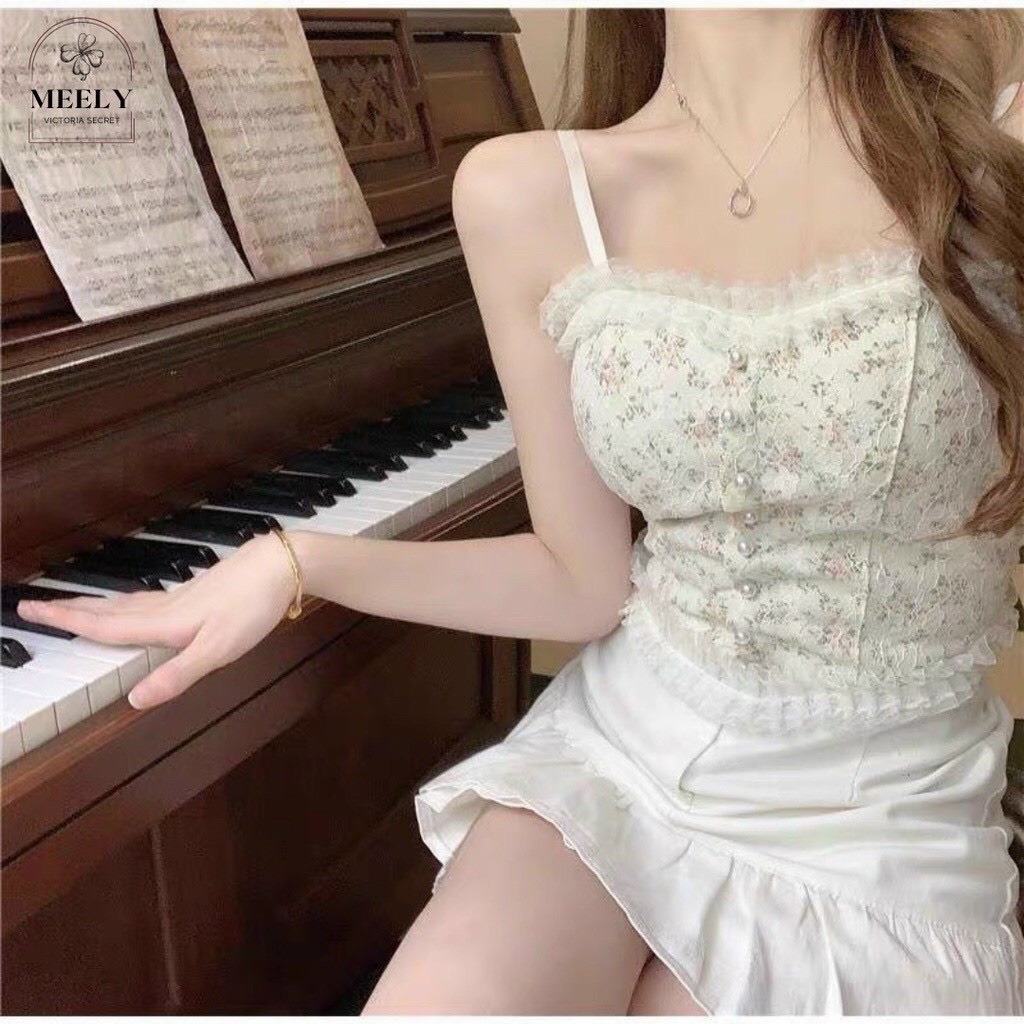 Áo bra ren hoa nhí đính khuy, Áo hai dây mẫu mới croptop