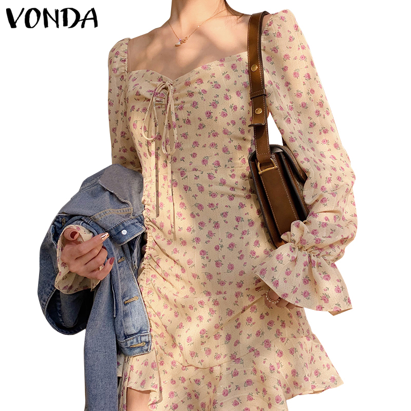 Đầm Vonda Tay Dài Hoạ Tiết Hoa Thiết Kế Dây Rút Phong Cách Hàn Quốc | BigBuy360 - bigbuy360.vn