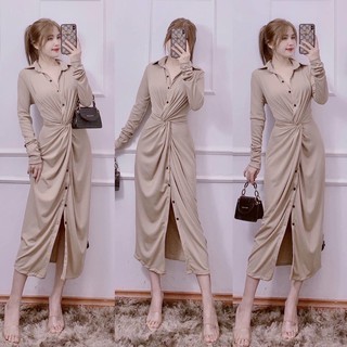 (HÌNH THẬT) ĐẦM SƠ MI XOẮN EO TAY DÀI FORM DÀI