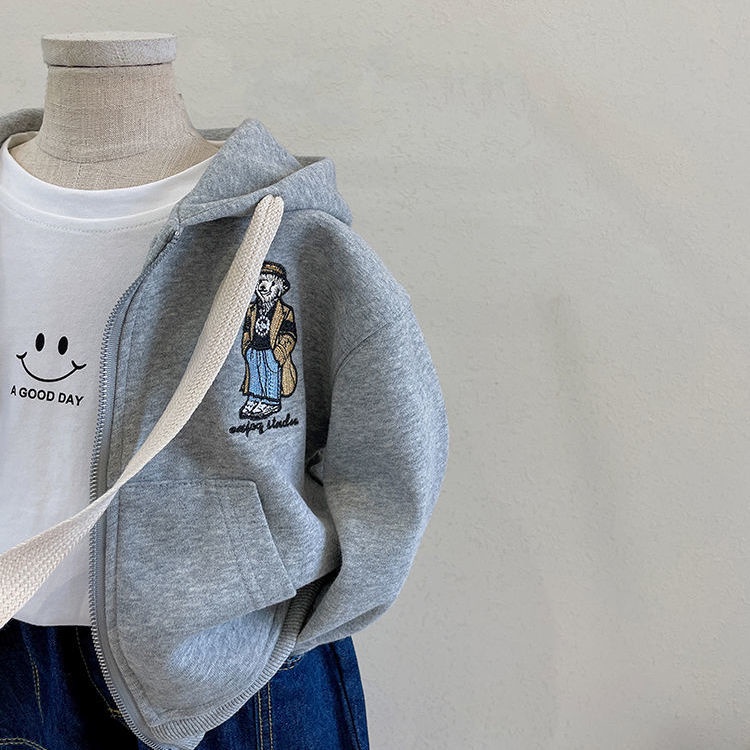 Áo Khoác Hoodie Tay Dài Thêu Hình Gấu Phong Cách Phương Tây Thời Trang Xuân Thu Cho Trẻ Em