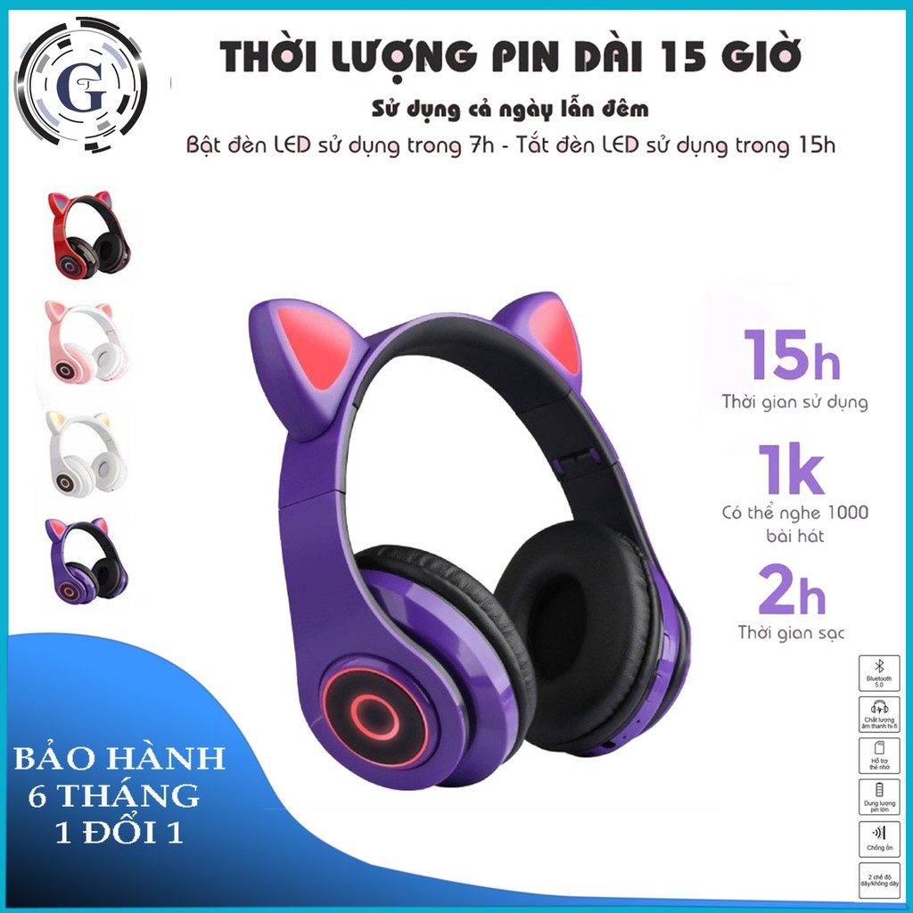 [Tai Nghe Bluetooth] GrownTech Mèo 2021 On-Ear Sử Dụng Bluetooth 5.0 Có Đèn Led và Mic Thoại Không Dây - Pin chuẩn