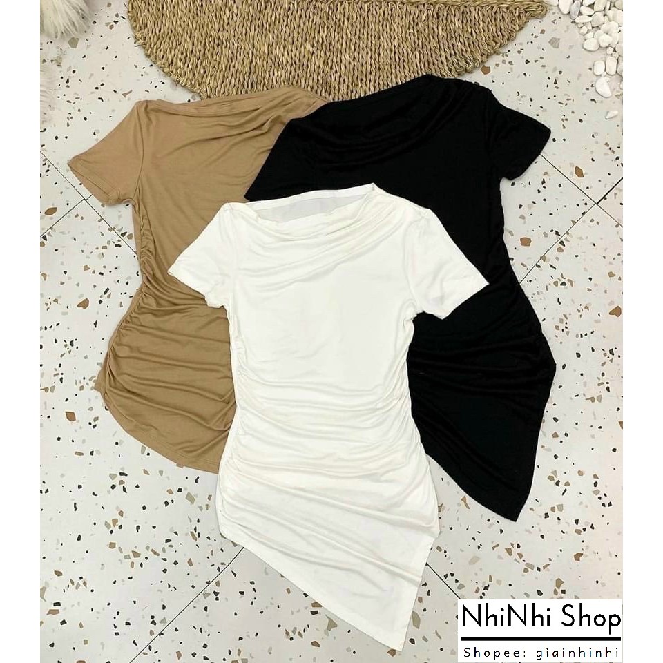 Áo thun kiểu dáng ôm rúm eo ngắn tay vạt nhọn, Áo kiểu lệch vai form ôm body CS1414 - NhiNhiShop