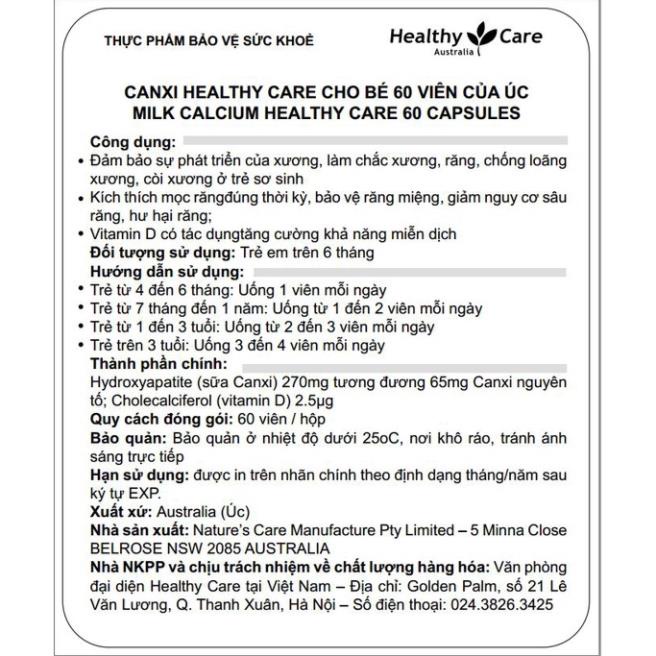 [GIÁ GỐC] Healthy Care Milk Calcium hỗ trợ bổ sung Canxi cho trẻ nhỏ dạng 60 viên