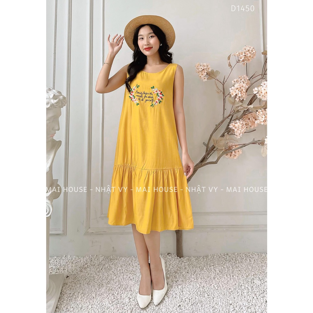 Đầm Đi Chơi NHẬT VY Sát Nách Thêu Chữ Dáng Suông Đuôi Cá Chất Vải Tơ Xước Màu Vàng, Trắng - D1450 | BigBuy360 - bigbuy360.vn