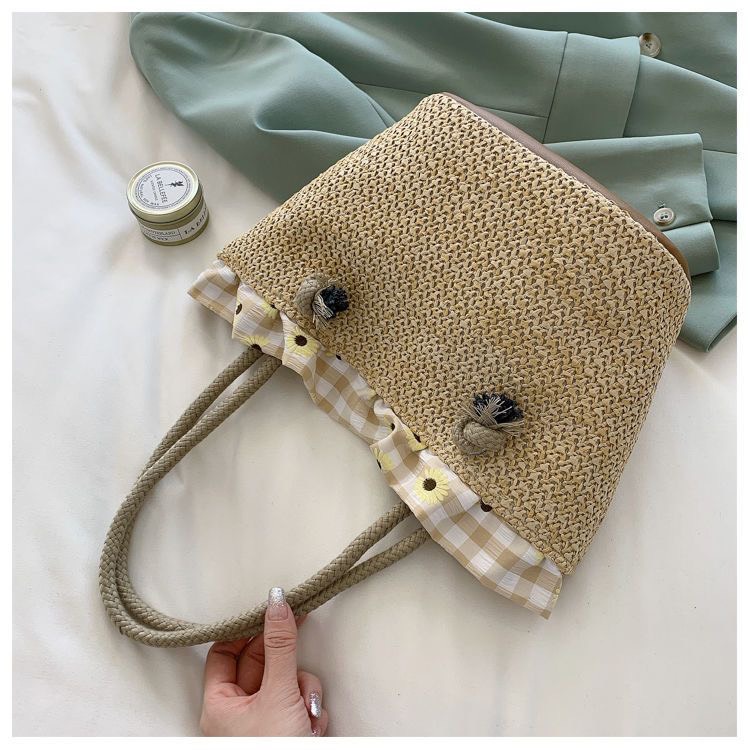 Túi Xách Nữ Túi Cói Đi Đeo Vai Trơn , Viền Hoa Phù Hợp Đi Biển Phong Cách Trẻ Trung