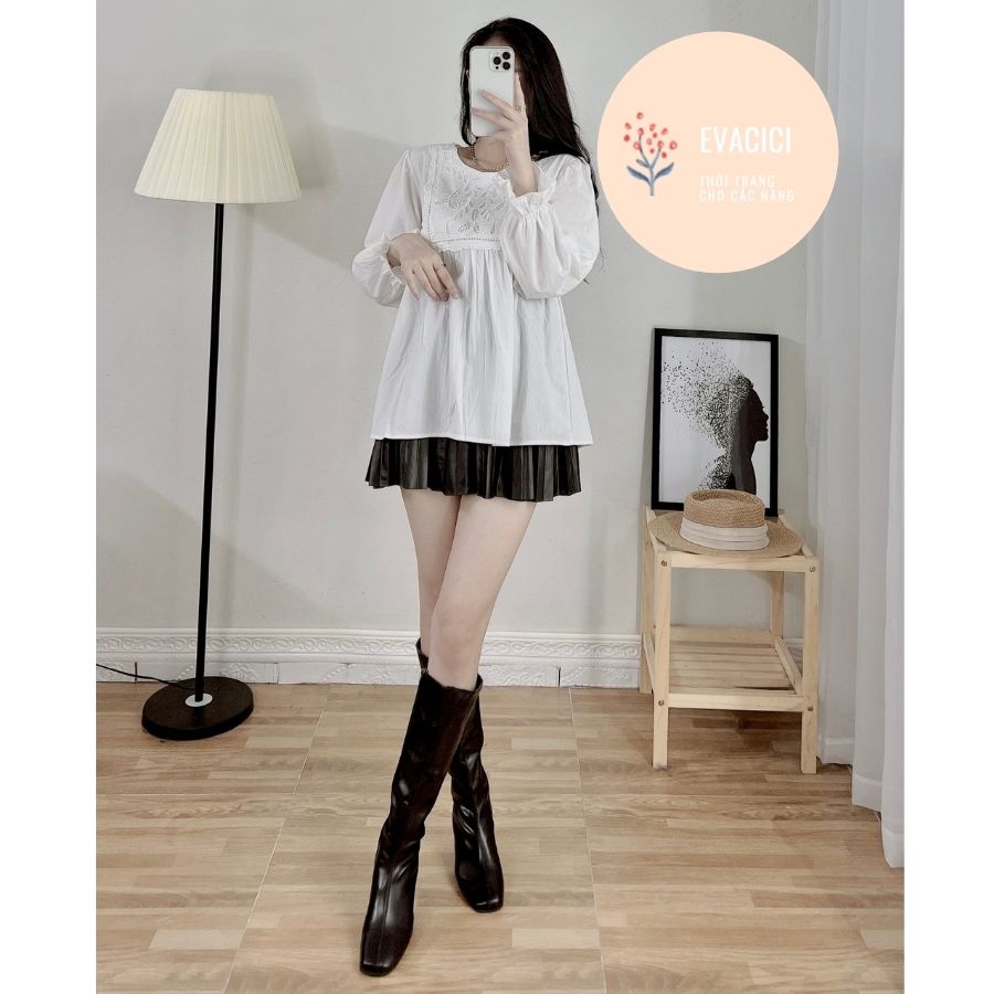 Áo sơ mi babydoll nữ cổ diệu. Áo sơ mi tay phồng dài tay cổ điệu