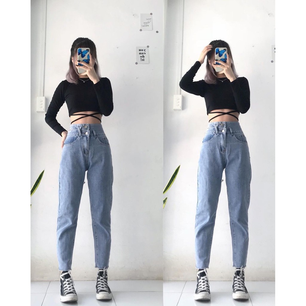 QUẦN BAGGY JEAN NỮ LƯNG CAO XẺ NỬA ĐĨA CHÉO MÀU XANH NHẠT CAO CẤP BABO LAI CUỐN SIÊU XỊN SÒ, FORM CHUẨN DÁNG ÔM VỪA