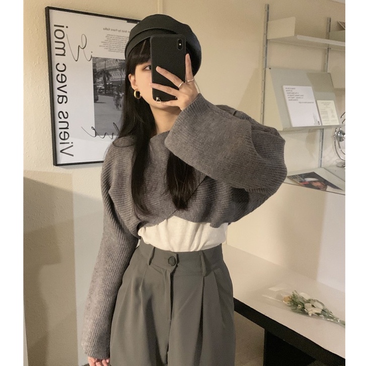 Porozi Áo sweater nữ dệt kim tay dài dáng ngắn thời trang phong cách Hàn Quốc