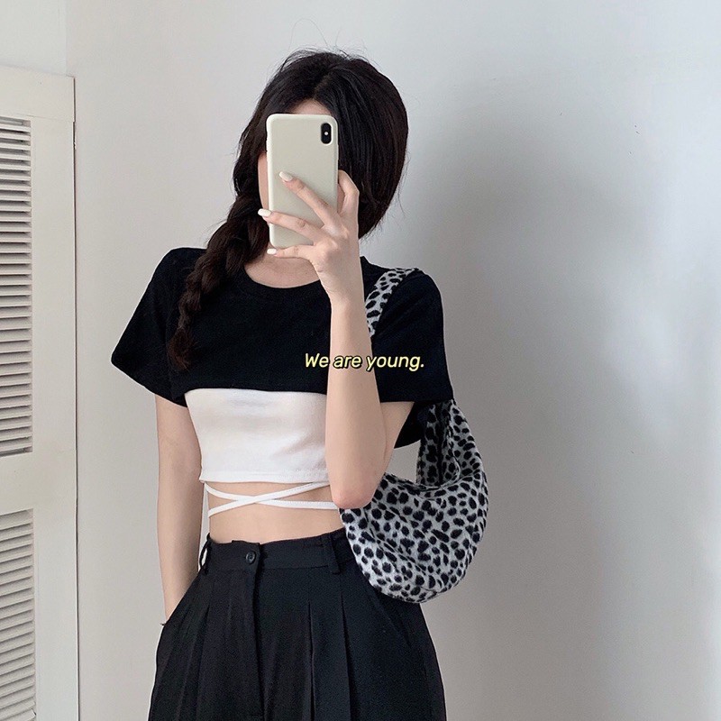 Áo cột eo phối croptop [bảng trắng phối đen và đen phối trắng]