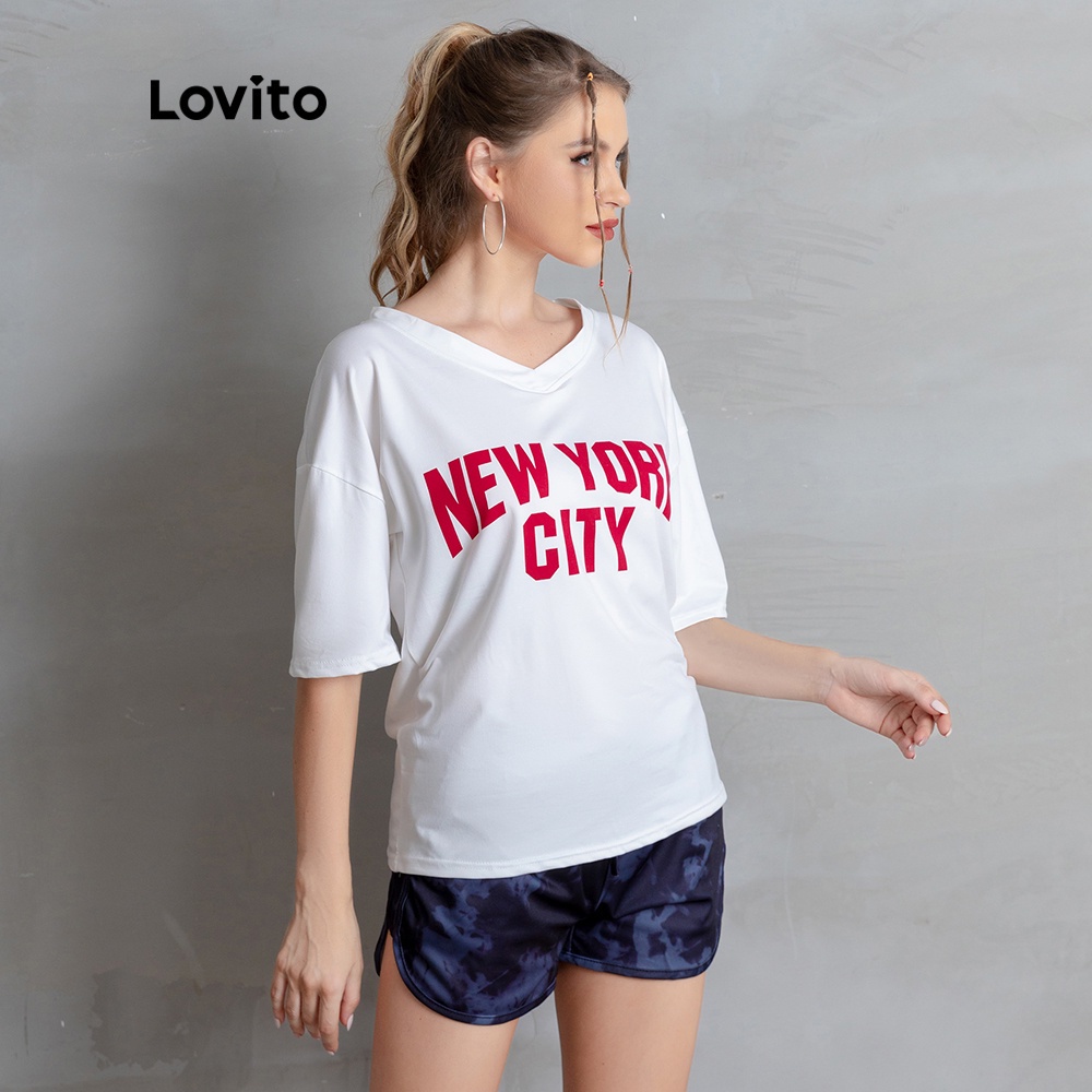 Áo thun Lovito cổ tròn V họa tiết in chữ cái kiểu dáng rộng rãi thời trang thường ngày L05106 (màu trắng) | BigBuy360 - bigbuy360.vn