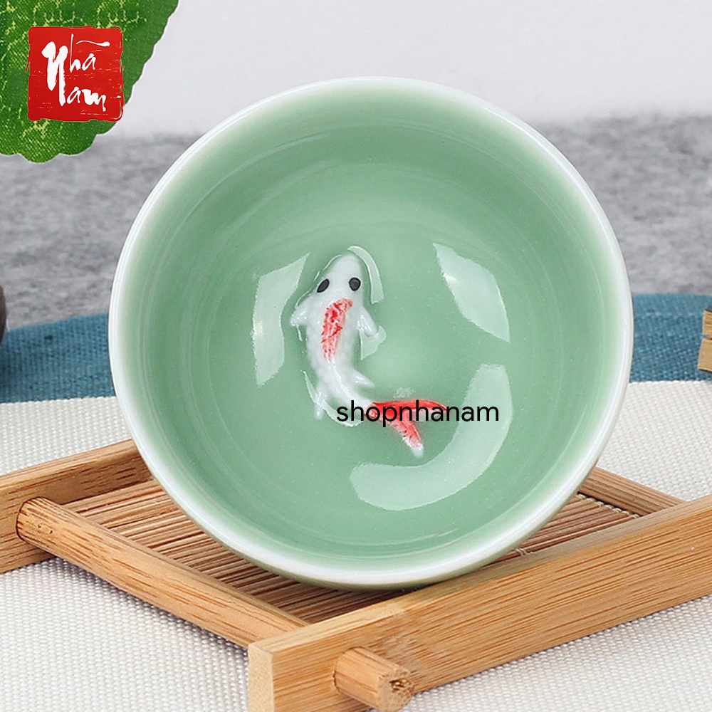 Chén trà men ngọc họa tiết cá chép 3D in nổi cao cấp