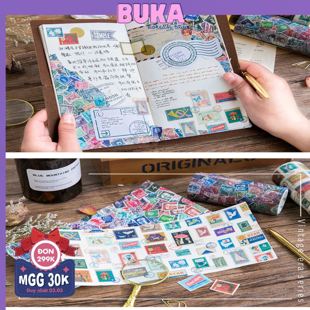 Bukavn Cuộn washi tape khổ lớn phong cách vintage, phụ kiện trang trí sổ bullet journal KT 10cm x 5 mét