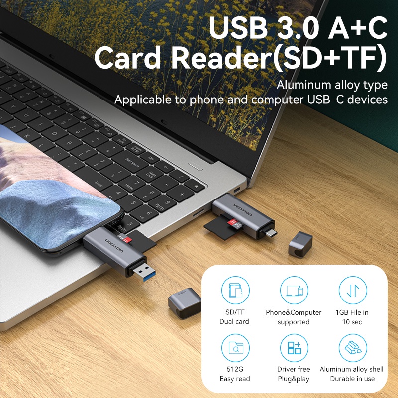 VENTION Ổ Cắm USB 3.0 Hỗ Trợ Đọc Thẻ Nhớ SD+TF Cho Điện Thoại/Máy Tính Bảng