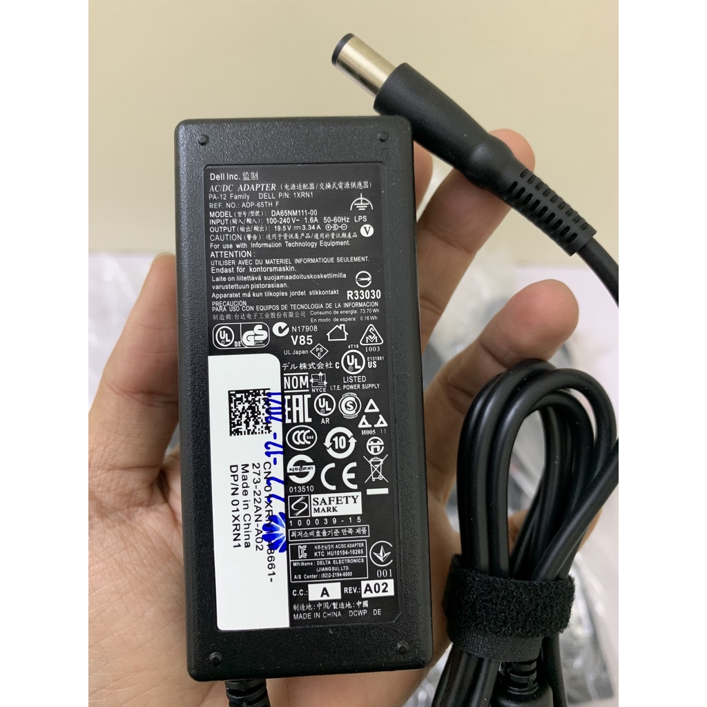 Sạc Laptop Dell 19.5V – 3.34A (65W) chân kim to loại TỐT tặng kèm dây nguồn - Dell 65W AC Adapter
