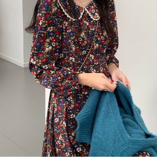 Váy hoa nhí babydoll cổ tròn dáng váy cổ điển Pháp phong cách cô nàng tiểu thư nhẹ nhàng
