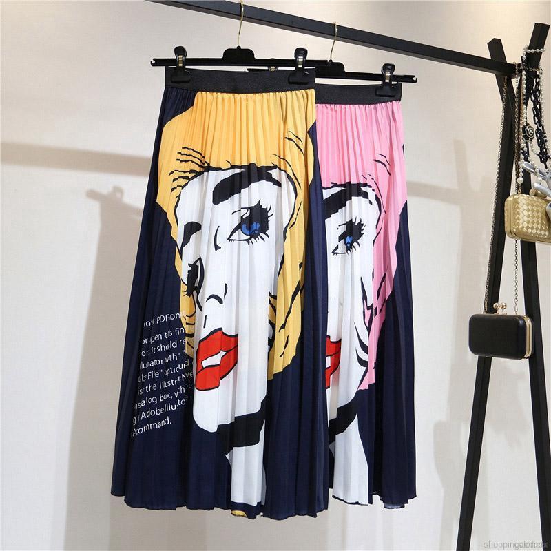 colorbobღWomen New Elastic Waist Cartoon Print Pleated Skirt