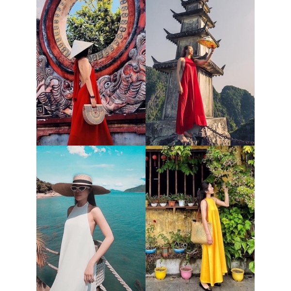 Đầm Maxi Cổ Yếm Lụa Mềm Màu Vàng, Đỏ, Trắng