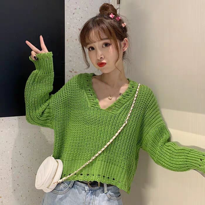 Áo Khoác Sweater Ngắn Dáng Rộng Cổ V Tay Dài Kiểu Hàn Quốc Thời Trang 2022 Cho Bạn Gái