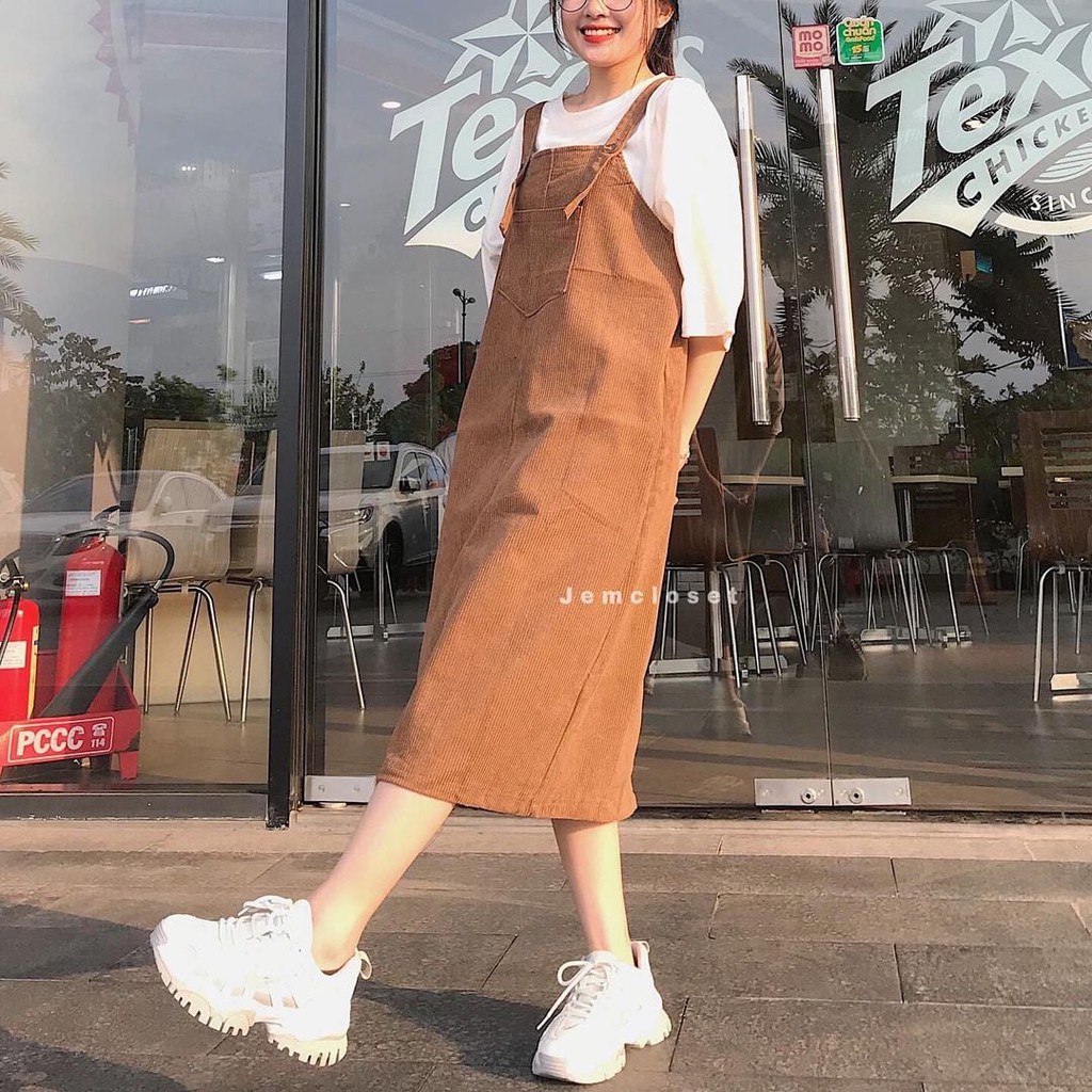 Yếm Váy Nữ Chất Nhung Gân Dài Qua Gối 3 Màu Basic Có Thể Điều Chỉnh Dây EARY - 7161 ( Jem Closet )
