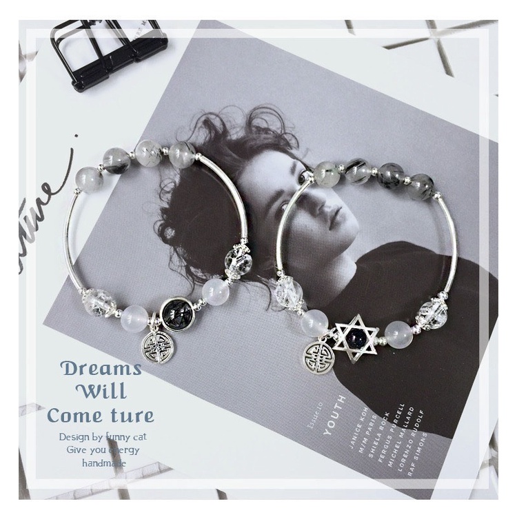 Vòng Phong Thủy đá Thạch Anh Tóc Đen cho mệnh Thủy - Mộc. Mix bạc 925