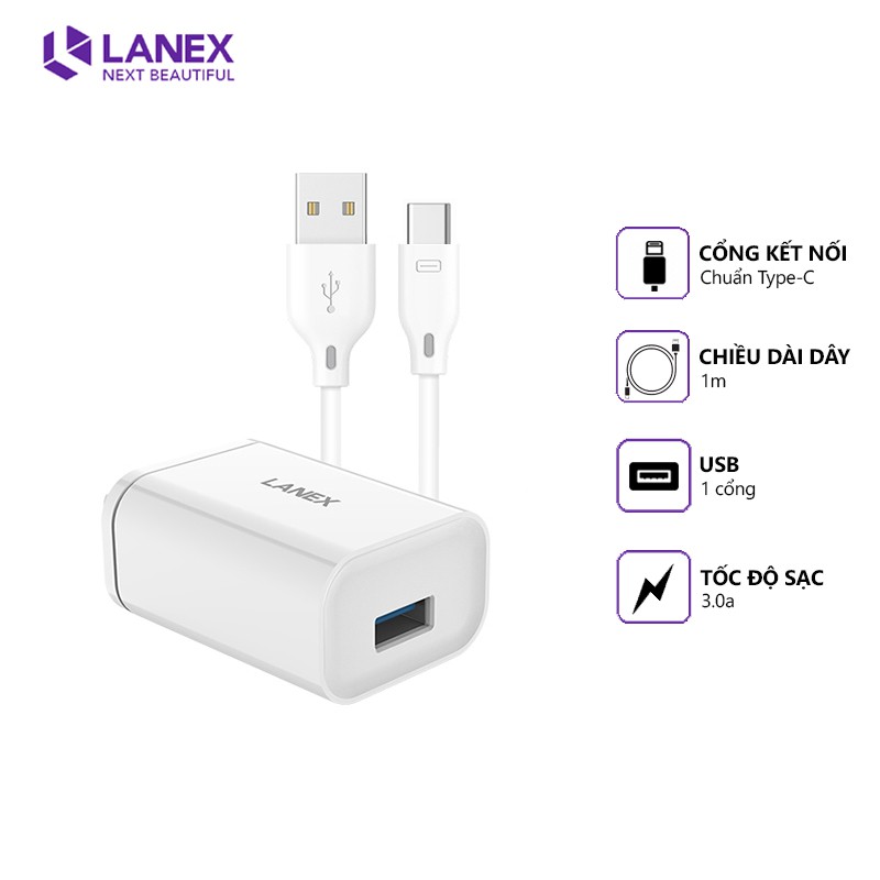 Bộ sạc nhanh Lanex LCK-03CC 1 cổng USB QC3.0 18W, dài 1m, cáp Type-C, tương thích thiết bị Android