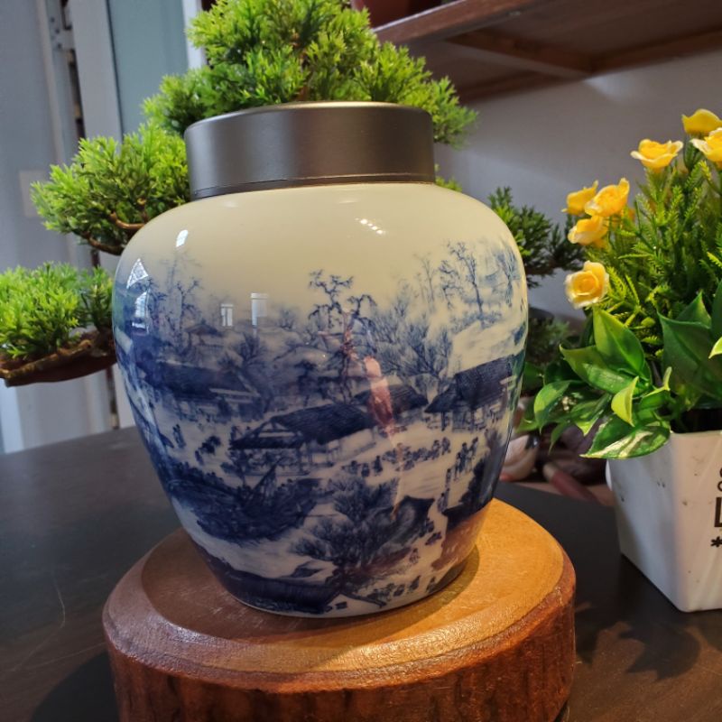 Hũ đựng trà sứ Cảnh Đức nắp đồng 02 lớp siêu khít