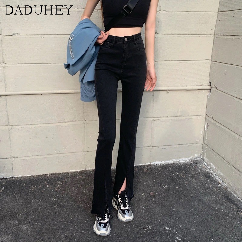 Daduhey Quần jean dài ống loe lưng cao màu đen phong cách Hàn Quốc thời trang mùa hè dành cho nữ 2021