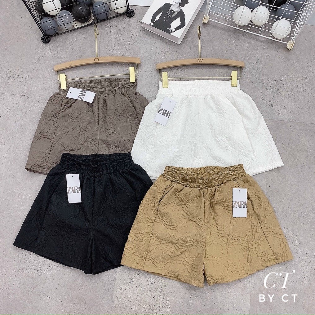 Quần short nữ ống rộng lưng cao cạp thun chun có túi IN PHỒNG HOA NỔI