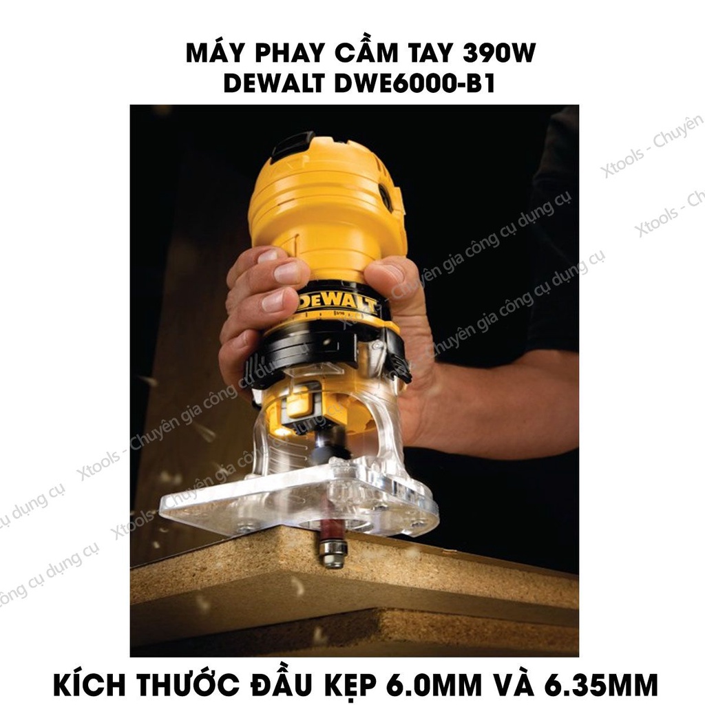 Máy phay cầm tay DeWALT DWE6000-B1 390W , Máy mài cầm tay tốc độ không tải 31000 RPM đơn tốc.mũi phay tối đa 22mm