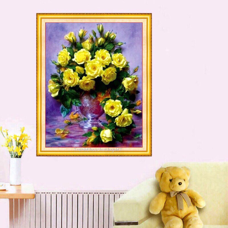 Tranh thêu chữ thập Bình Hoa Hồng Vàng LV3212 (43x51) chưa thêu