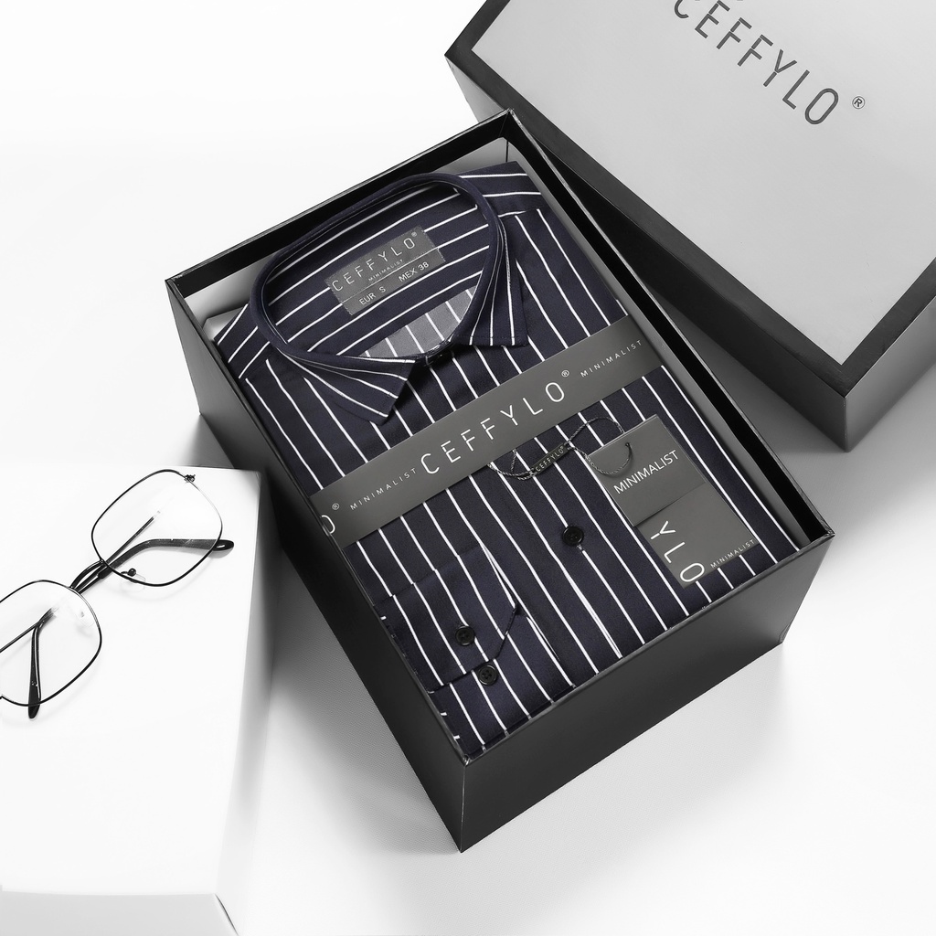 Áo Sơ Mi Nam Họa Tiết Kẻ Sọc Xanh Navy CF 1, Vải Cotton Mềm Mịn, Form Chuẩn - CEFFYLO | BigBuy360 - bigbuy360.vn