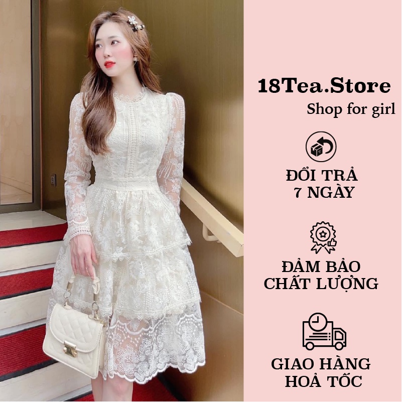 Đầm dự tiệc sang trọng 18teastore ren trắng tiểu thư xoè tầng kiểu dáng dài tay hoạ tiết