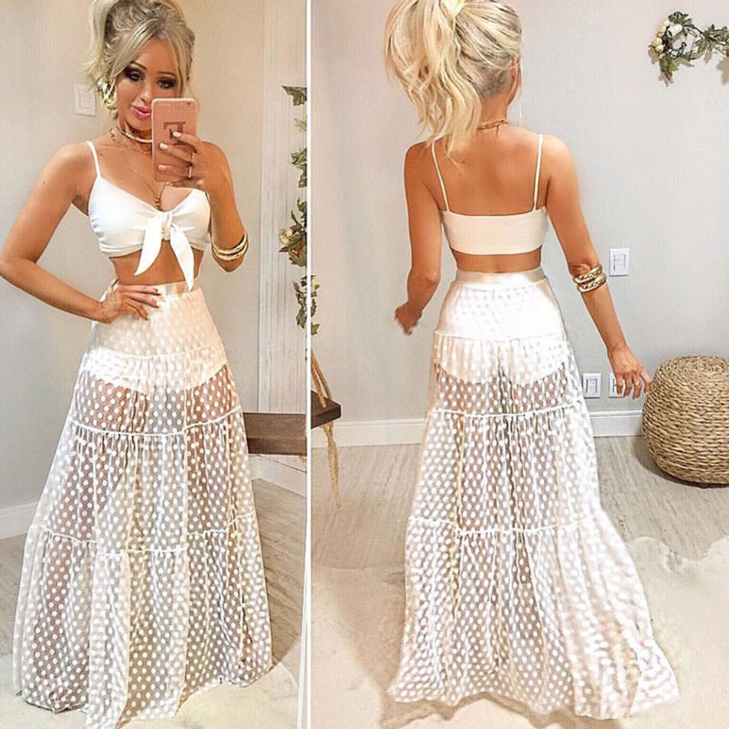Chân Váy Maxi Lưng Cao Phối Lưới Họa Tiết Chấm Bi Gợi Cảm Cho Nữ