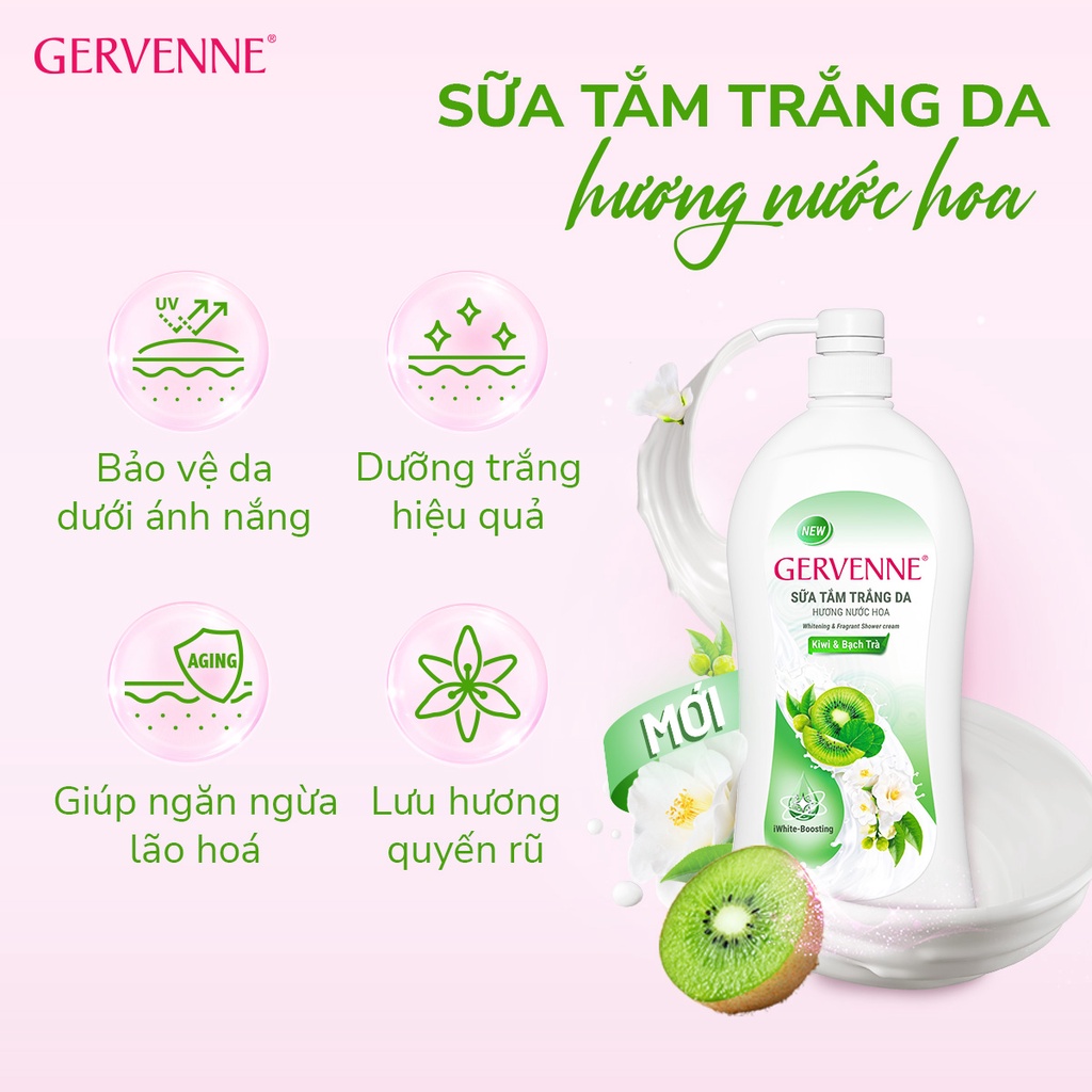 Combo 2 Sữa tắm trắng da hương nước hoa Gervenne Kiwi và Bạch Trà 1.2L/chai